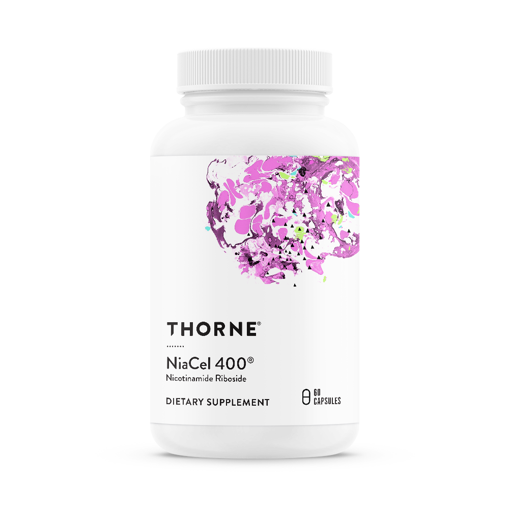 A bottle of Thorne NiaCel 400 dietary supplement with a purple flower design on the label.