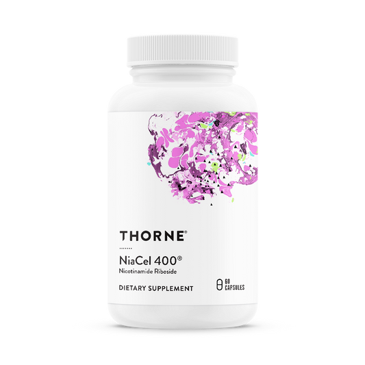 A bottle of Thorne NiaCel 400 dietary supplement with a purple flower design on the label.