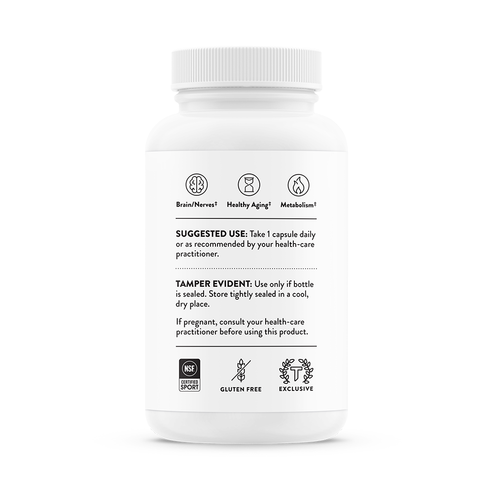 Suggested use information for bottle of Thorne NiaCel 400 dietary supplement.  Brain/nerve health, healthy aging, and metabolism.  Product is gluten free and certified for sport.  
