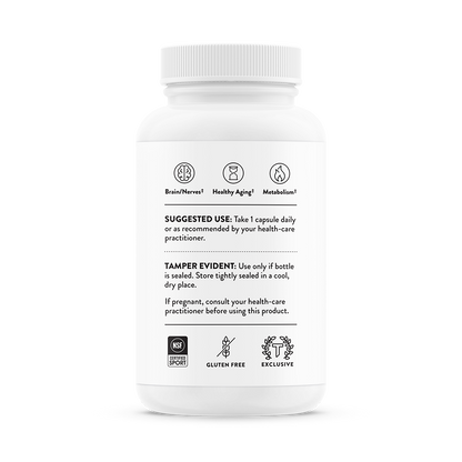 Suggested use information for bottle of Thorne NiaCel 400 dietary supplement.  Brain/nerve health, healthy aging, and metabolism.  Product is gluten free and certified for sport.  