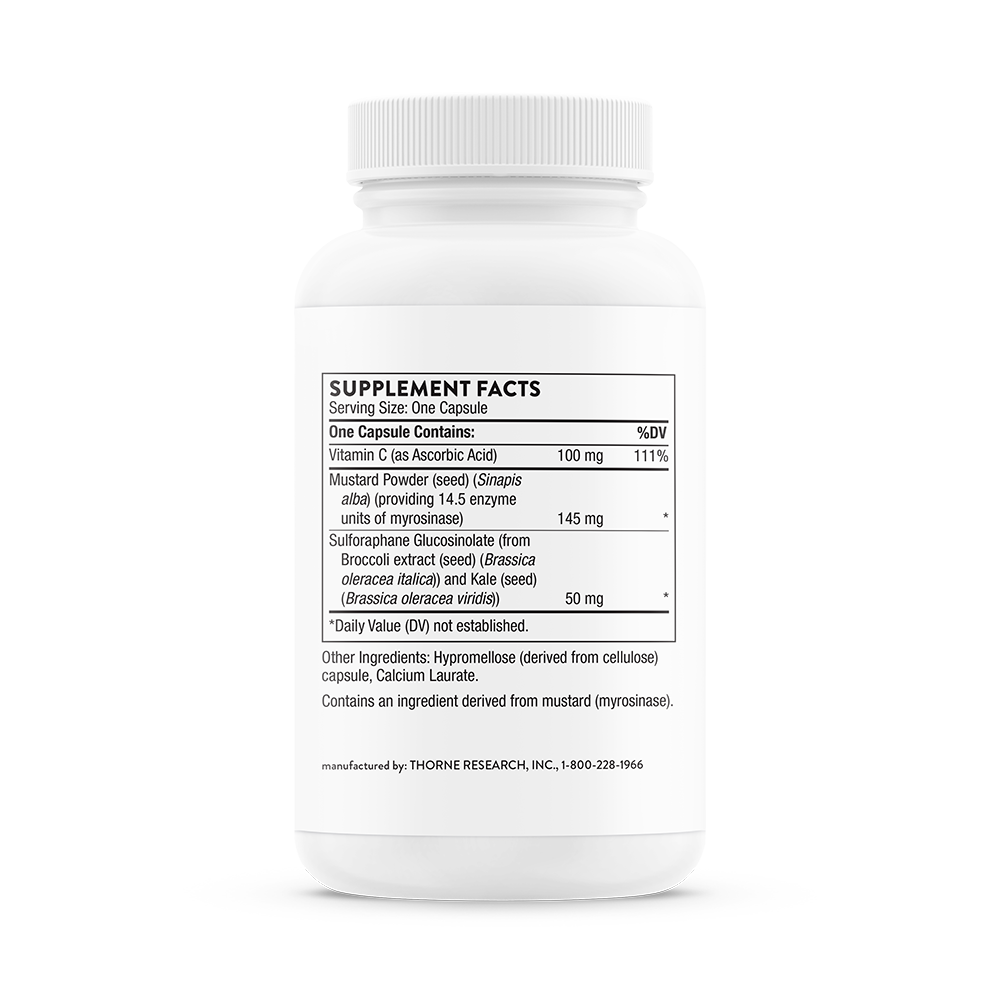 Supplement facts information for  bottle of Thorne Broccoli Seed Extract.   