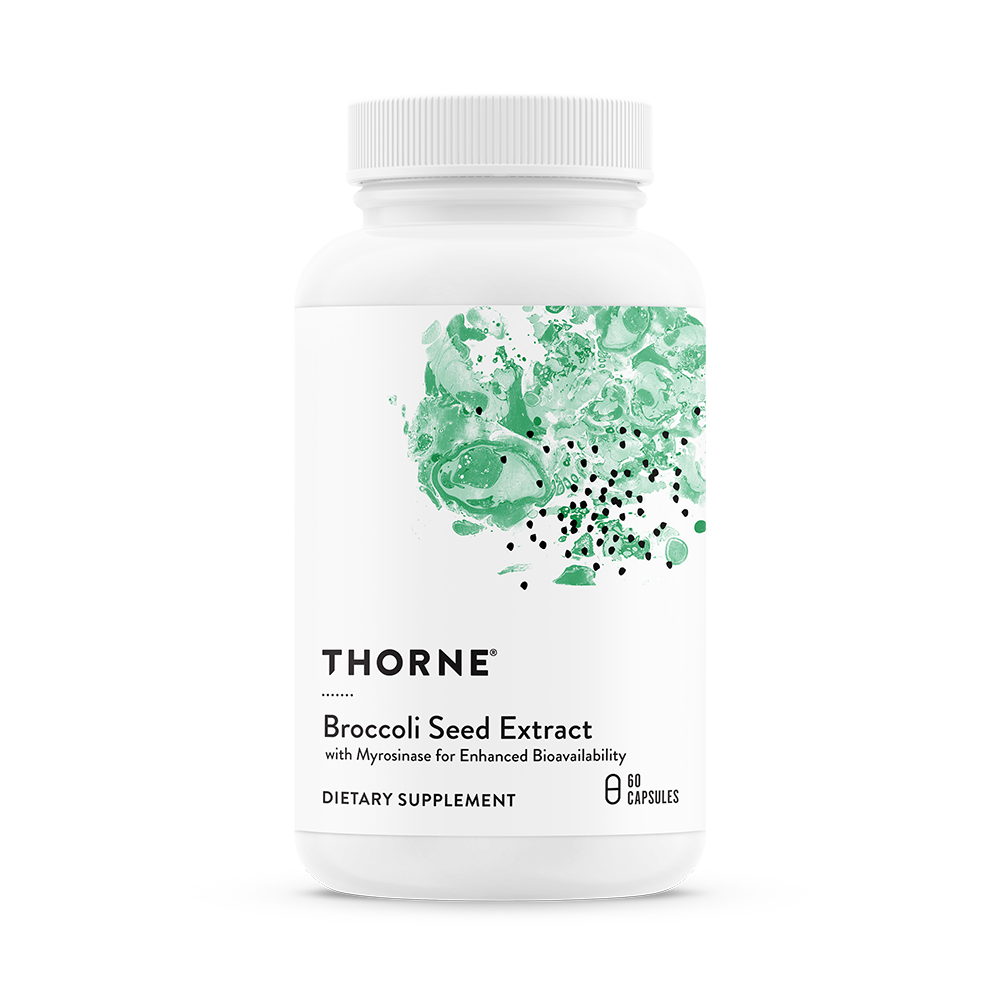 A bottle of Thorne Broccoli Seed Extract dietary supplement with a green and white label.