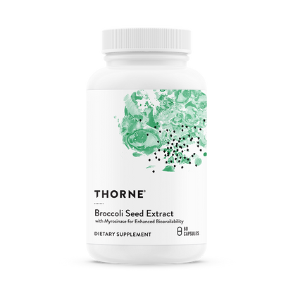 A bottle of Thorne Broccoli Seed Extract dietary supplement with a green and white label.