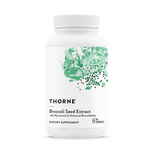 A bottle of Thorne Broccoli Seed Extract dietary supplement with a green and white label.