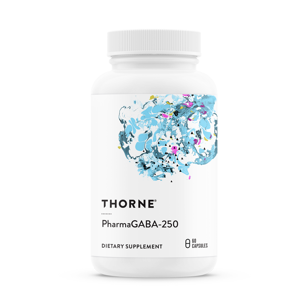 A bottle of Thorne PharmaGABA-250 dietary supplement with a floral design on the label.