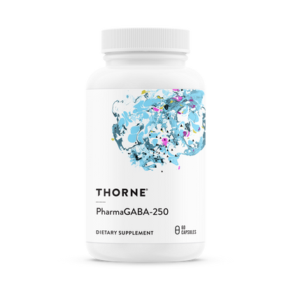 A bottle of Thorne PharmaGABA-250 dietary supplement with a floral design on the label.