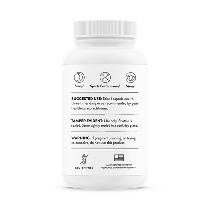 Suggested use information for bottle of Thorne PharmaGABA-250 dietary supplement.  Promotes sleep sports perfirmance, and stress.  Product is gluten free