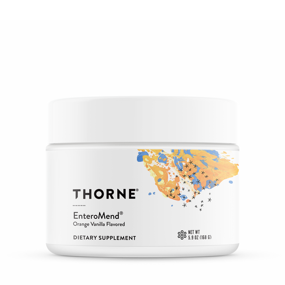 A container of Thorne EnteroMend dietary supplement powder in orange-vanilla flavor.