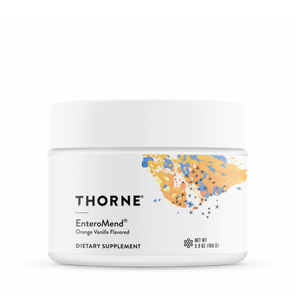 A container of Thorne EnteroMend dietary supplement powder in orange-vanilla flavor.