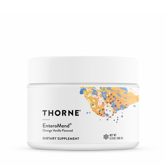 A container of Thorne EnteroMend dietary supplement powder in orange-vanilla flavor.