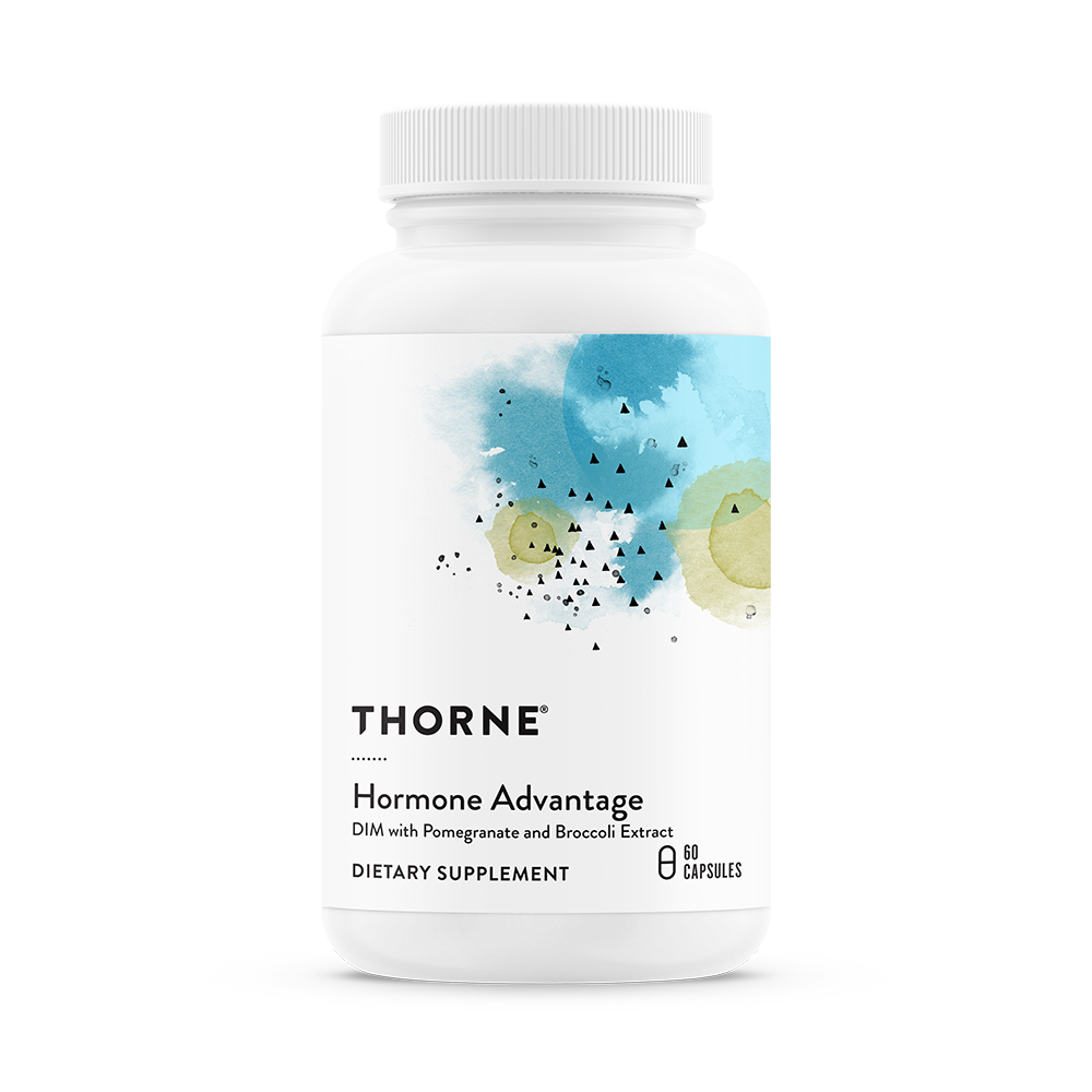 A bottle of Thorne Hormone Advantage dietary supplement with a label featuring a blue and green design.