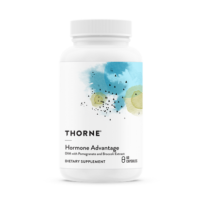 A bottle of Thorne Hormone Advantage dietary supplement with a label featuring a blue and green design.
