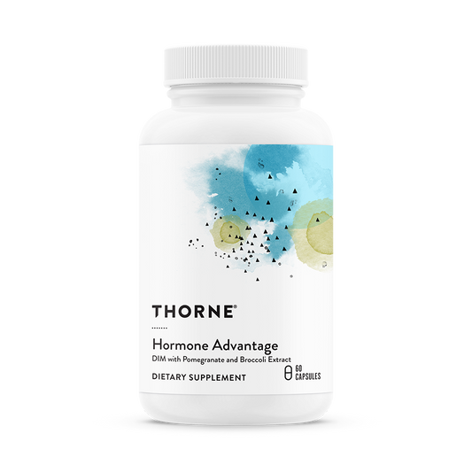 A bottle of Thorne Hormone Advantage dietary supplement with a label featuring a blue and green design.