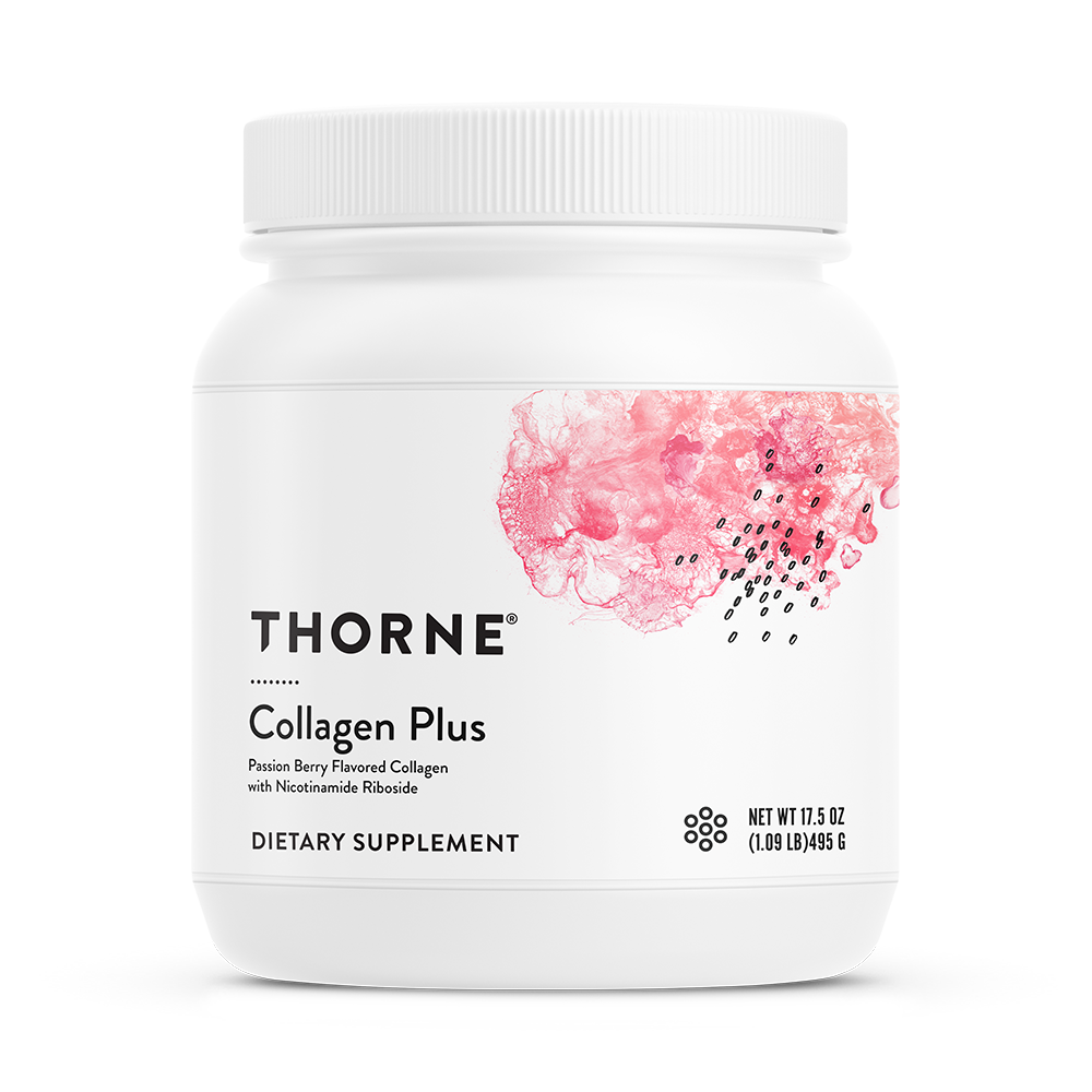A container of Thorne Collagen Plus dietary supplement with a floral design on the label.