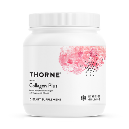 A container of Thorne Collagen Plus dietary supplement with a floral design on the label.