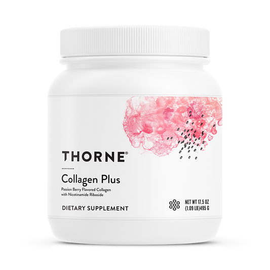 A container of Thorne Collagen Plus dietary supplement with a floral design on the label.