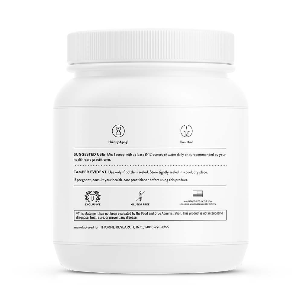 Suggested use information on a  container of Thorne Collagen Plus dietary supplement.  Good for healthy aging and skin health and is gluten free.  