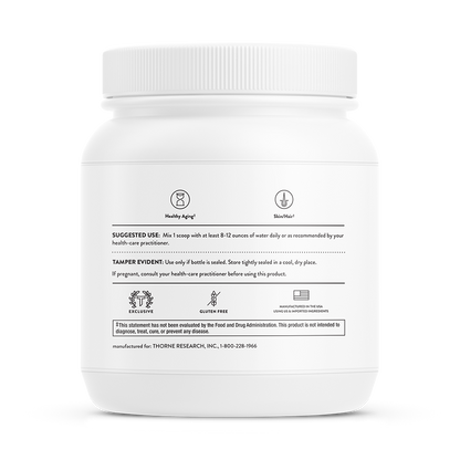 Suggested use information on a  container of Thorne Collagen Plus dietary supplement.  Good for healthy aging and skin health and is gluten free.  