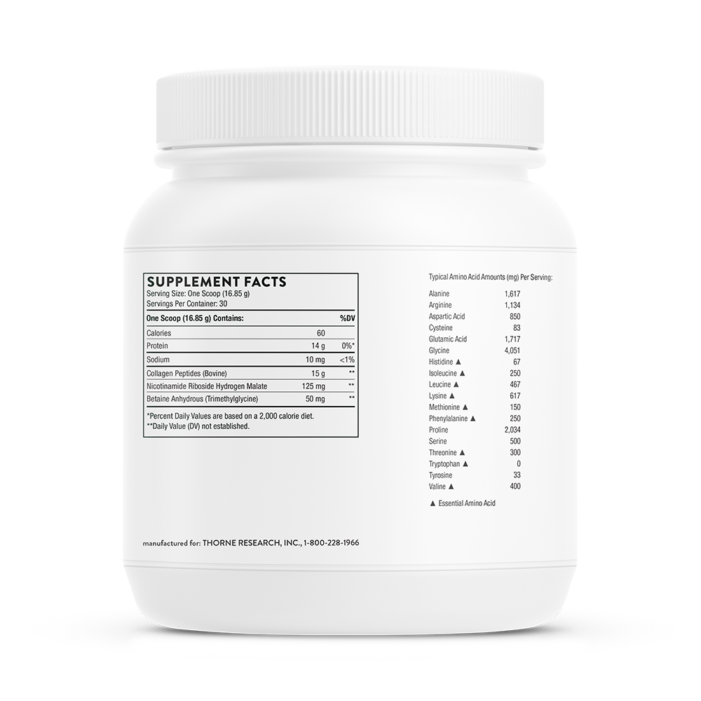 Supplement facts information on a container of Thorne Collagen Fit dietary supplement.