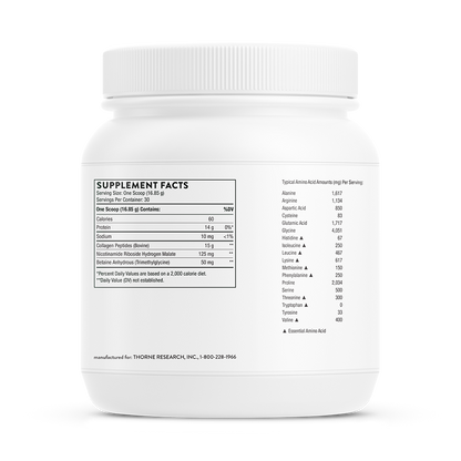 Supplement facts information on a container of Thorne Collagen Fit dietary supplement.