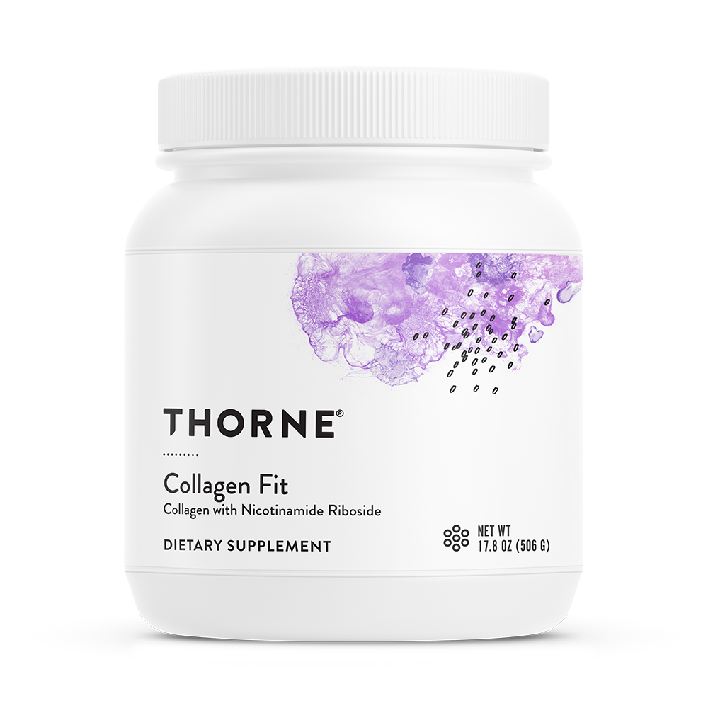 A container of Thorne Collagen Fit dietary supplement with a purple design on the label.