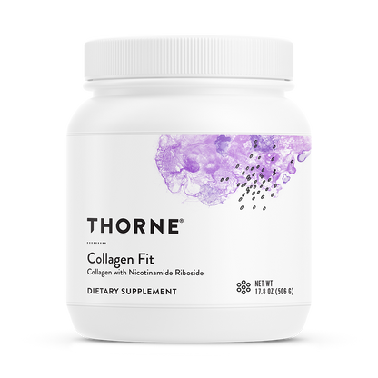 A container of Thorne Collagen Fit dietary supplement with a purple design on the label.
