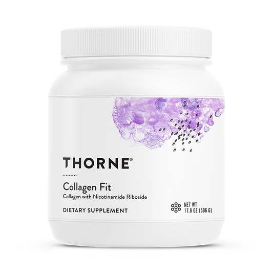 A container of Thorne Collagen Fit dietary supplement with a purple design on the label.
