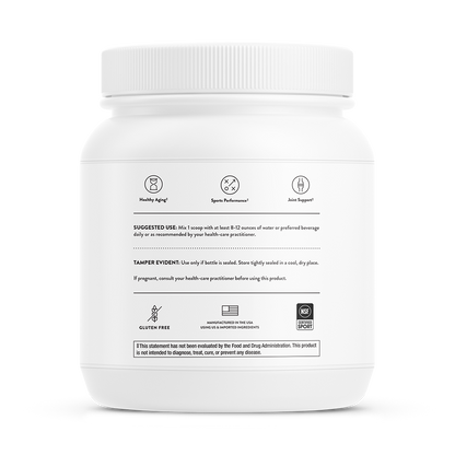 Suggested use information on a container of Thorne Collagen Fit dietary supplemen.  It promotoes healthy aging, sports performance and joint support.  