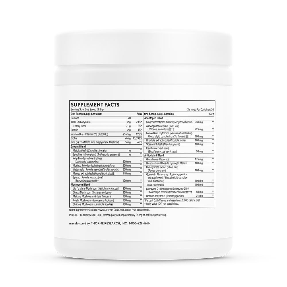 Supplement facts information for Thorne Daily Greens Plus dietary supplement.