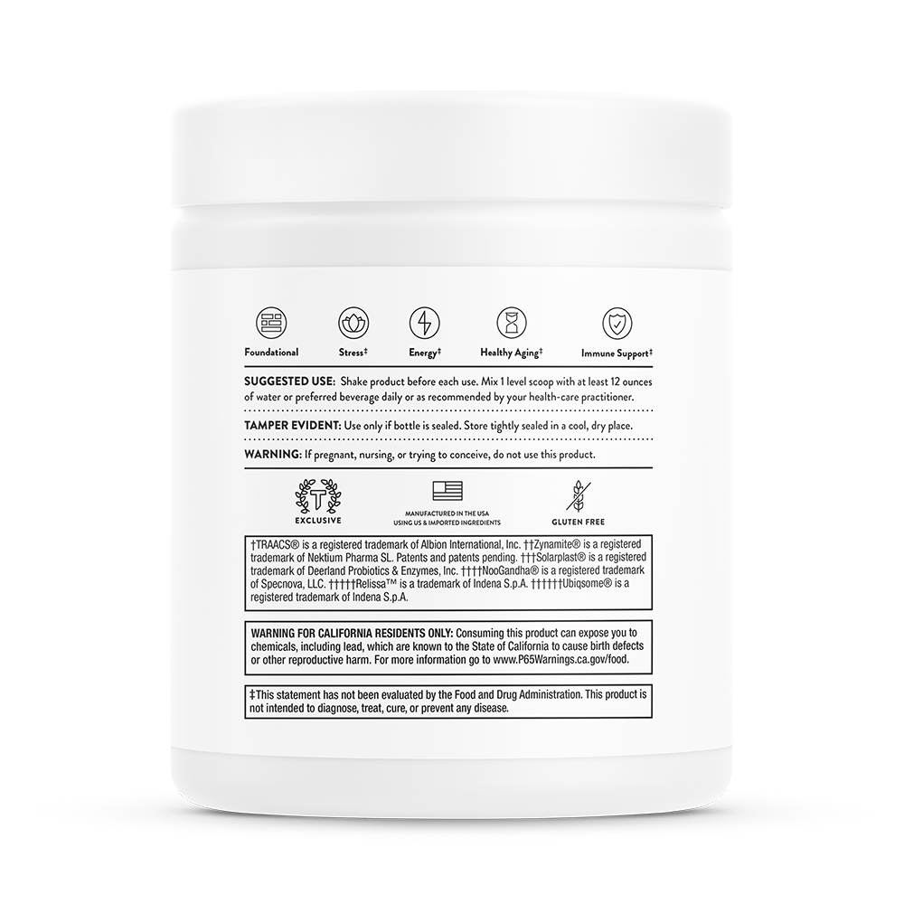 Suggested use information on the side of a Thorne Daily Greens Plus dietary supplement.  The supplement is foundation.  It supports stress, energy, health aging, and the immune system.  