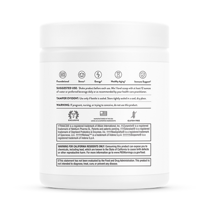 Suggested use information on the side of a Thorne Daily Greens Plus dietary supplement.  The supplement is foundation.  It supports stress, energy, health aging, and the immune system.  