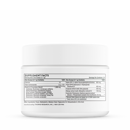 Supplement facts information for the side of the Thorne Pre-Workout Elite container.  