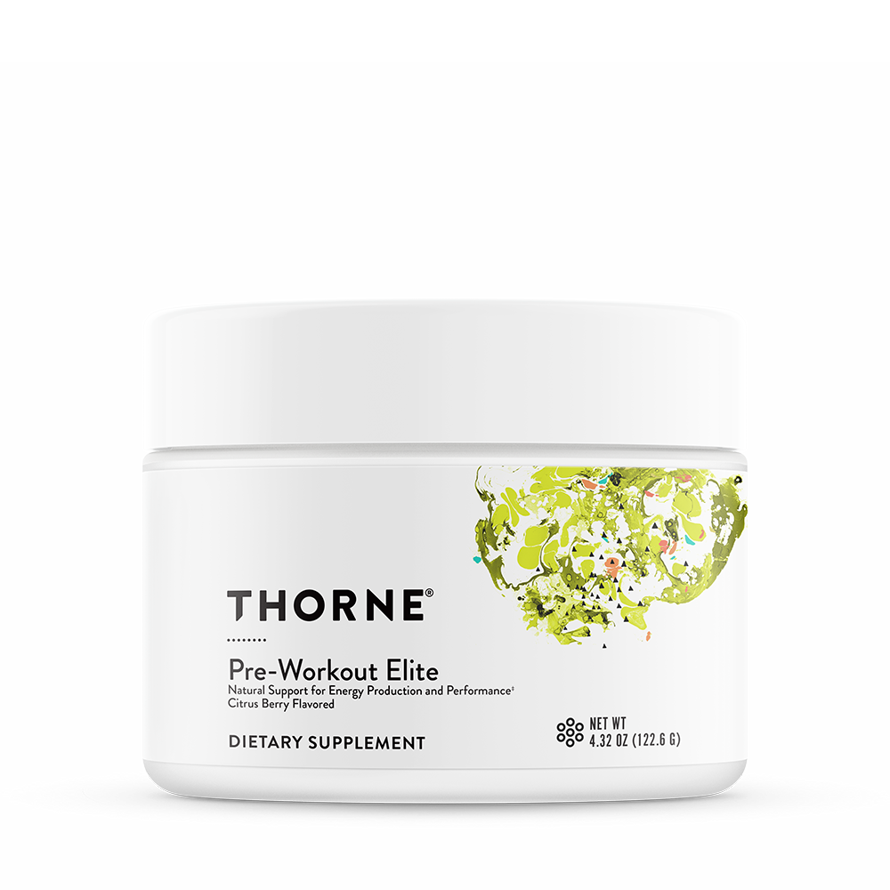 A container of Thorne Pre-Workout Elite dietary supplement with a green and white label.