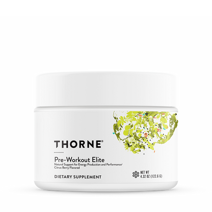 A container of Thorne Pre-Workout Elite dietary supplement with a green and white label.