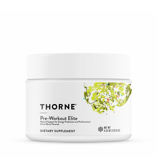 A container of Thorne Pre-Workout Elite dietary supplement with a green and white label.
