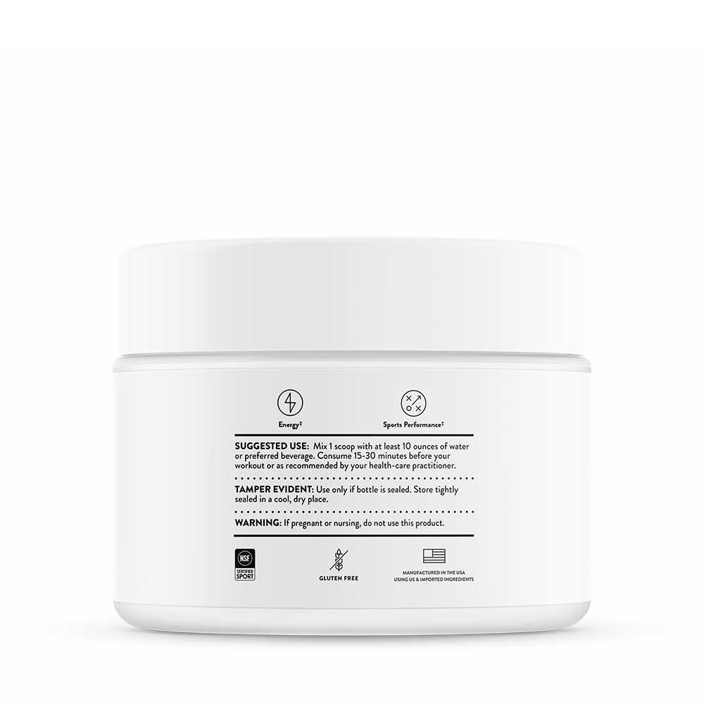 Suggested use information on the side of the Thorne Pre-Workout Elite container.  