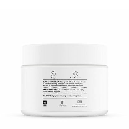 Suggested use information on the side of the Thorne Pre-Workout Elite container.  