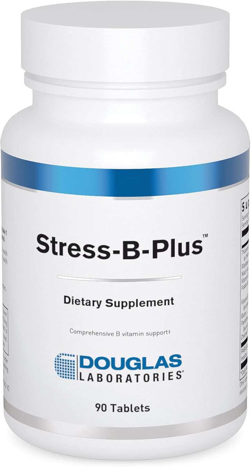 A bottle of Douglas Labs Stress-B-Plus dietary supplement with 90 tablets.