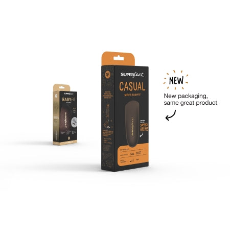 Packaging of Superfeet 3/4 length insoles. The package is predominantly black and orange with text detailing the product's features.