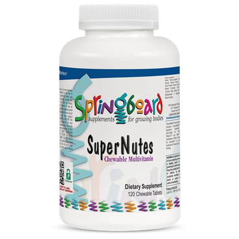 A bottle of Springboard SuperNutes chewable multivitamin tablets for children, with lemon flavor.