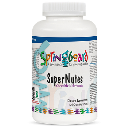 A bottle of Springboard SuperNutes chewable multivitamin tablets for children, with lemon flavor.