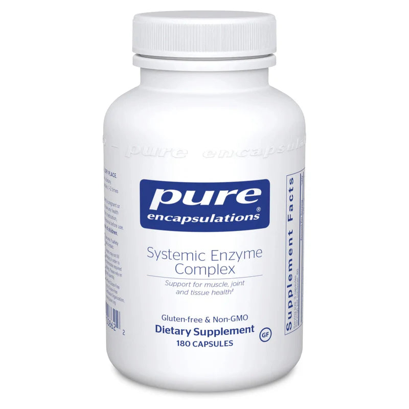 A bottle of Pure Encapsulations Systemic Enzyme Complex dietary supplement with 180 capsules.