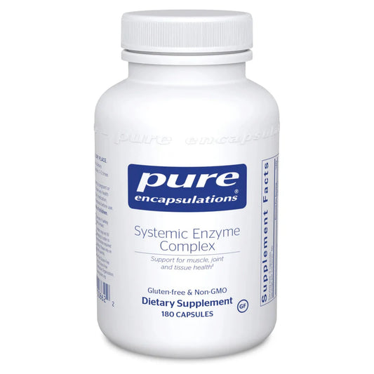 A bottle of Pure Encapsulations Systemic Enzyme Complex dietary supplement with 180 capsules.