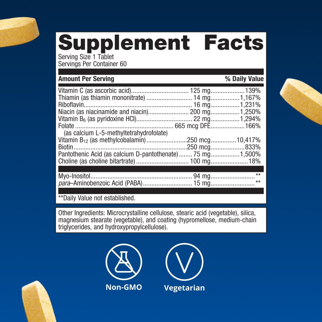Supplement facts label with vitamins on a blue background