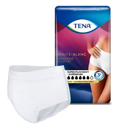 A pack of TENA women's pull-on underwear in white, with a visible design on the packaging indicating it is a super-plus heavy absorbency product.