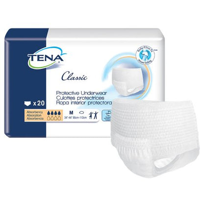 Packaging for TENA Classic Protective Underwear, showing the product and its box, indicating medium absorbency and a tear-away side design.