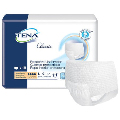 Packaging for TENA Classic Protective Underwear, showing the product and its box, indicating medium absorbency and a tear-away side design.