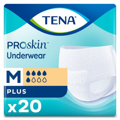 Packaging of TENA ProSkin Plus unisex adult absorbent underwear with details on size and product features.