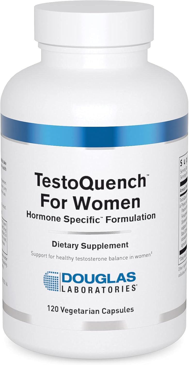 A bottle of Douglas Labs TestoQuench for Women, which contains 120 vegetarian capsules designed to support healthy testosterone-sensitive tissues in women.