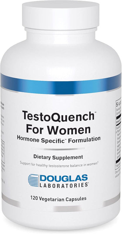 A bottle of Douglas Labs TestoQuench for Women, which contains 120 vegetarian capsules designed to support healthy testosterone-sensitive tissues in women.